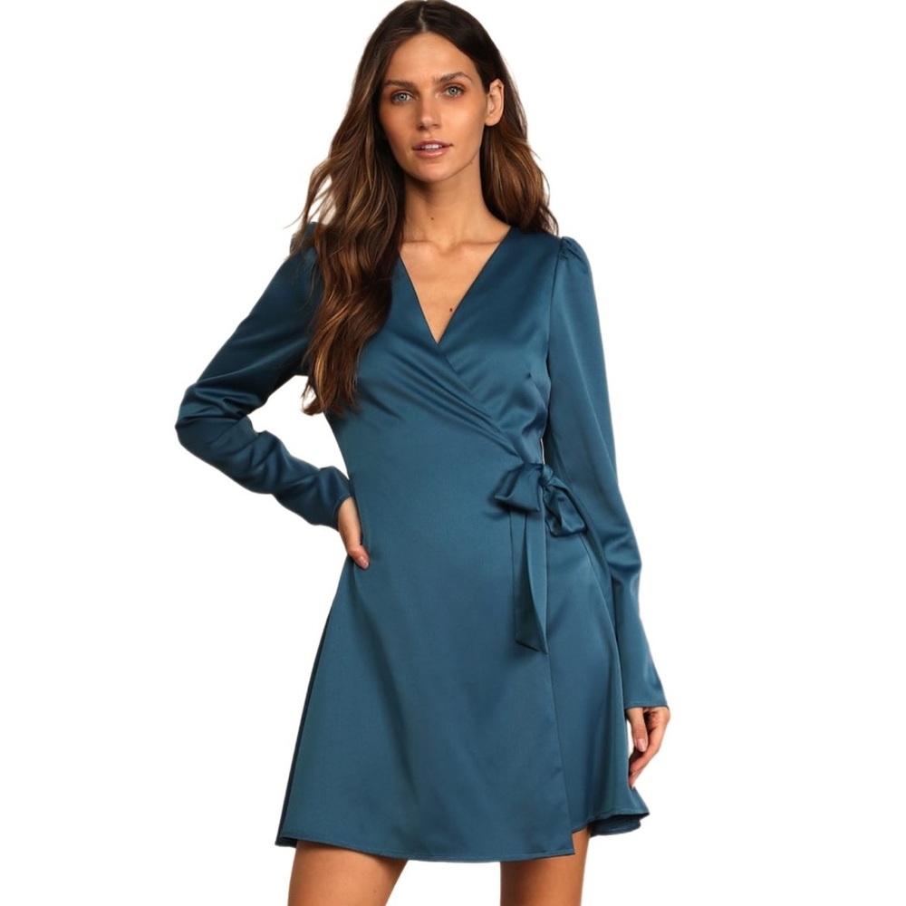 Lulus Festive Forever Teal Blue Satin Long Sleeve Wrap Mini Dress